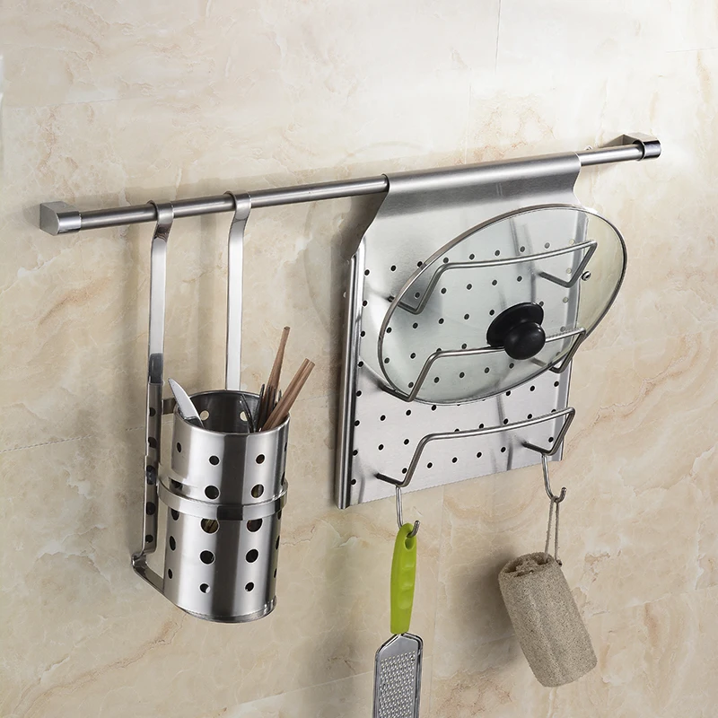  Kitchen stainless steel pot rack hanging rod wall-mounted pot cover chopping board storage rack hoo - 32921643440