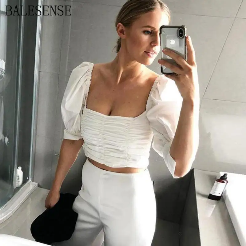 

2019 Womens Summer Puff Sleeve Pleated T Shirt Tops Vintage U Collar Backless Crop Top Harajuku Black White Tee Shirt Femme