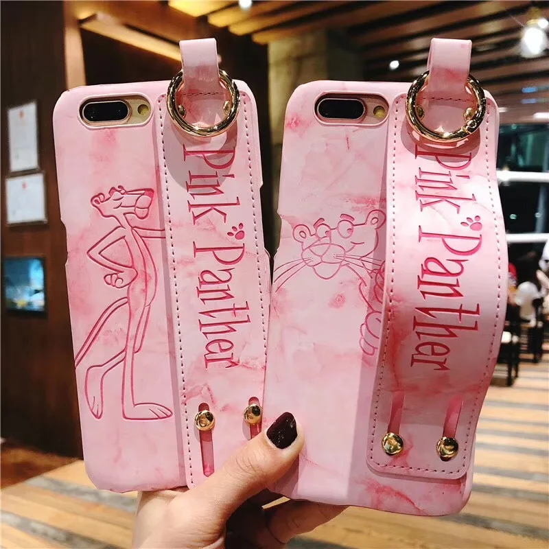

Luxury Cute Pink Panther Phone Case for Apple iPhone 7 6 6s 8 Plus Cartoon Pattern PU Leather Strap Holder Cover For iphone X XS