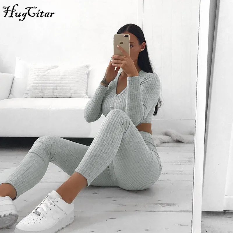 Hugcitar V-neck long sleeve sexy crop tops pants 2 two pieces set autumn winter women streetwear T-rhist trousers tracksuit