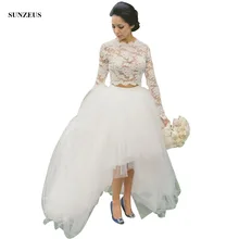 Long Sleeve High Neck Weddingdress Appliques Crop Top High Low Tulle Skirt Two Piece Wedding Gowns Women Bridal Dress SAU238 Long Sleeve High Neck Weddingdress Appliques Crop Top High Low Tulle Skirt Two Piece Wedding Gowns Women Bridal Dress SAU238
