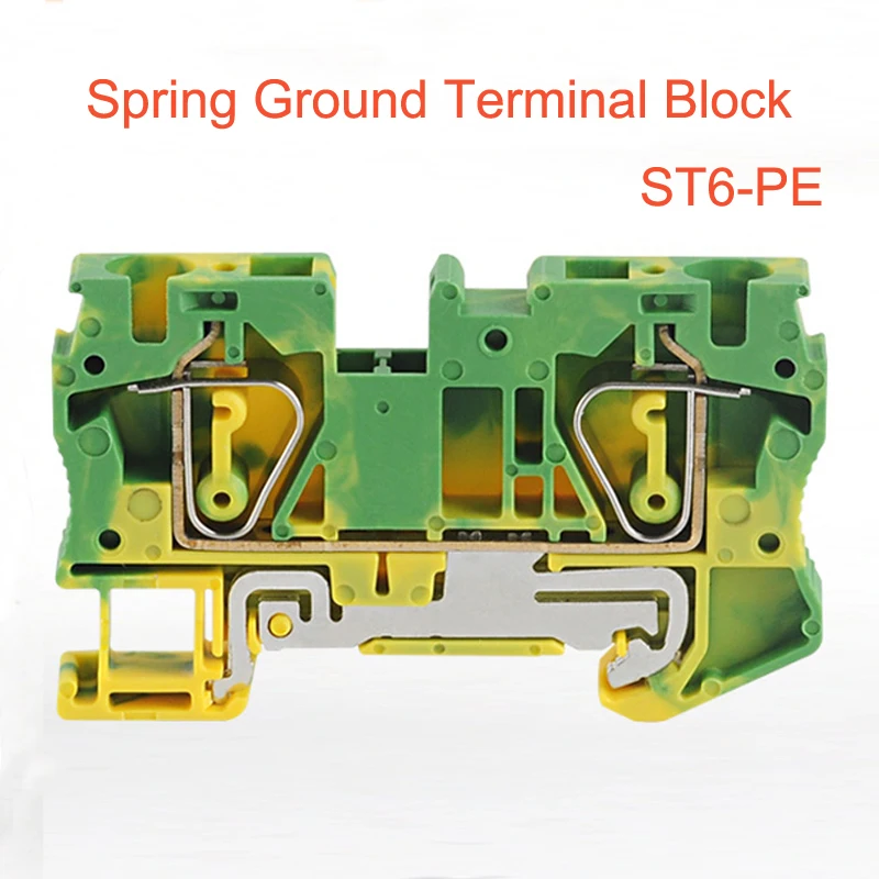 

50pcs Spring Ground Terminal Blocks ST6-PE din rail yellow green earthing terminals block wire cable grounding connector 6mm2