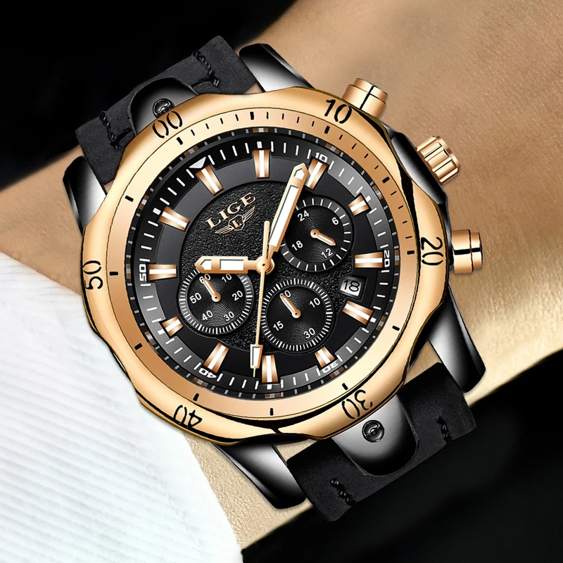 2018 LIGE Mens Watches Brand Luxury Gold Quartz Watch Men Casual Leather Military Waterproof Sport Wrist Watch Relogio Masculino