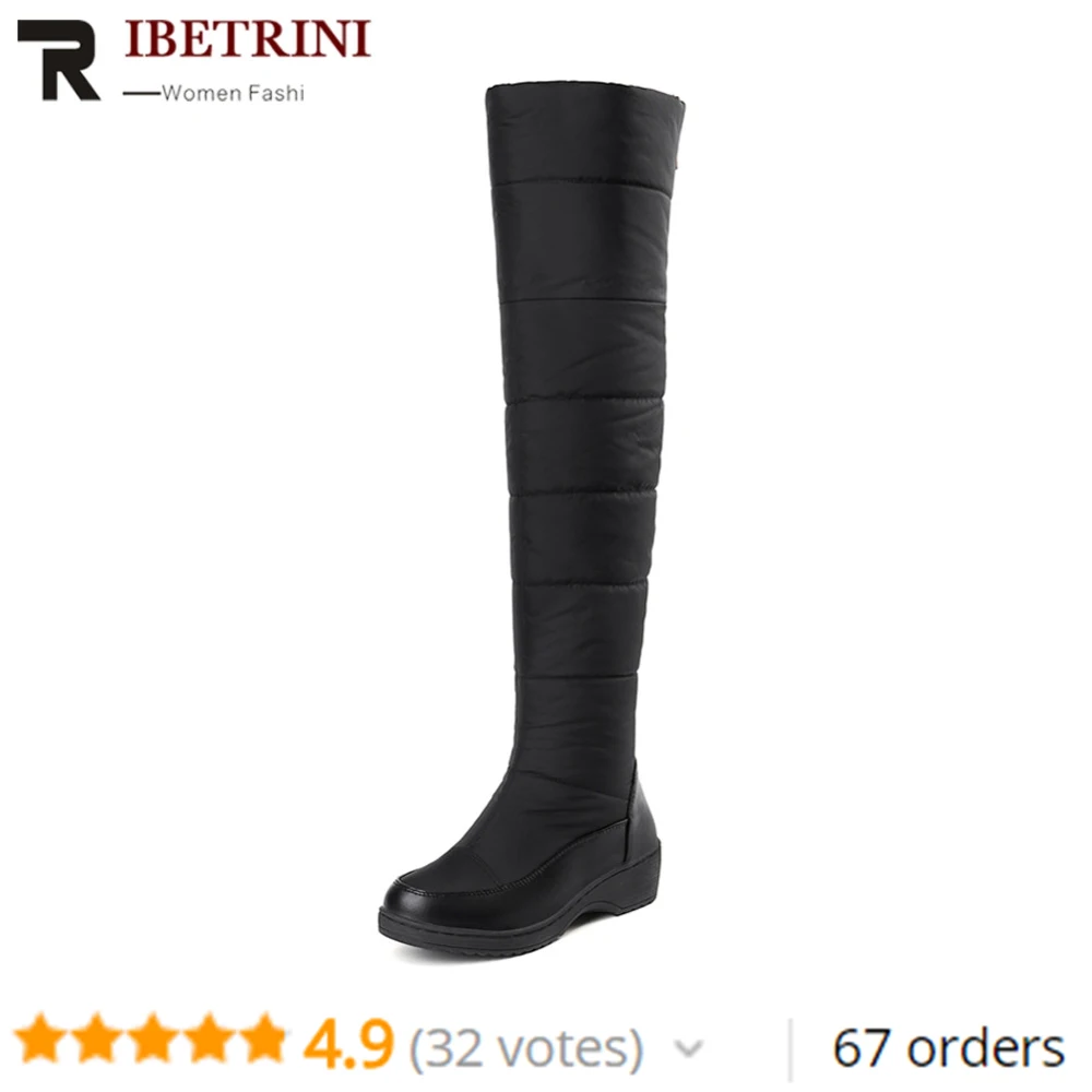 

RIBETRINI Women Over Knee High Boots Rubber Sole Platform Winter Fur Shoes Woman Waterproof Booties Large Size 35-44