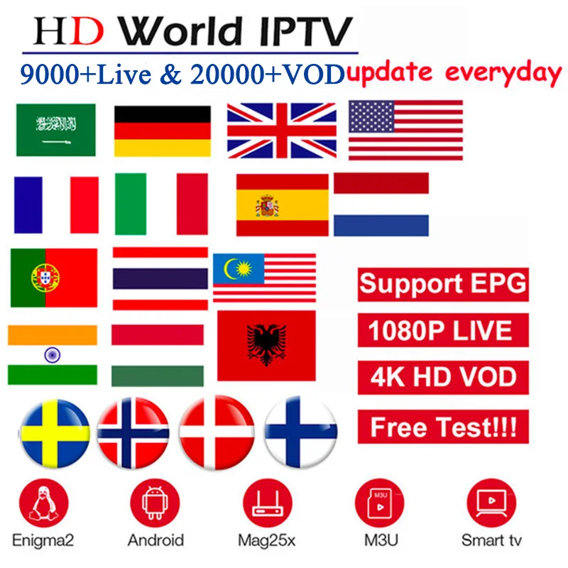 HD World 4K IP tv подписка android tv box лучшая Европа Испания голландский Швеция французский арабский Азиатский Африка Америка Smart Live IP tv