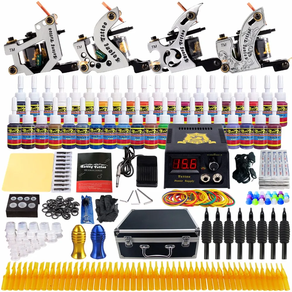Solong Tattoo Complete Tattoo Kits 10 wrap Coils Guns Machine 54Color Tattoo Ink Sets Power Supply Disposable Needle TK459 tattoo kit completed tattoo kits 8 wrap coils guns machine 4 color tattoo ink sets power supply disposable needle