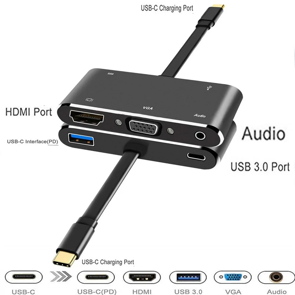 Online USB C HDMI VGA adapter usb c hub zu usb3.0 usbc ladung 3,5mm aux jack kabel Multiport konverter für Macbook pro dell huawei p20