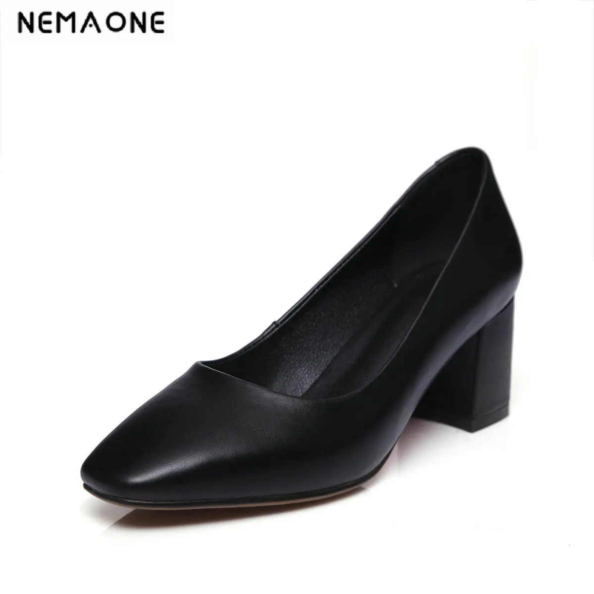 

NEMAONE Women Pumps 6cm High Heel Women Shoes Ladies handmade Square heel Genuine Leather Woman shoes