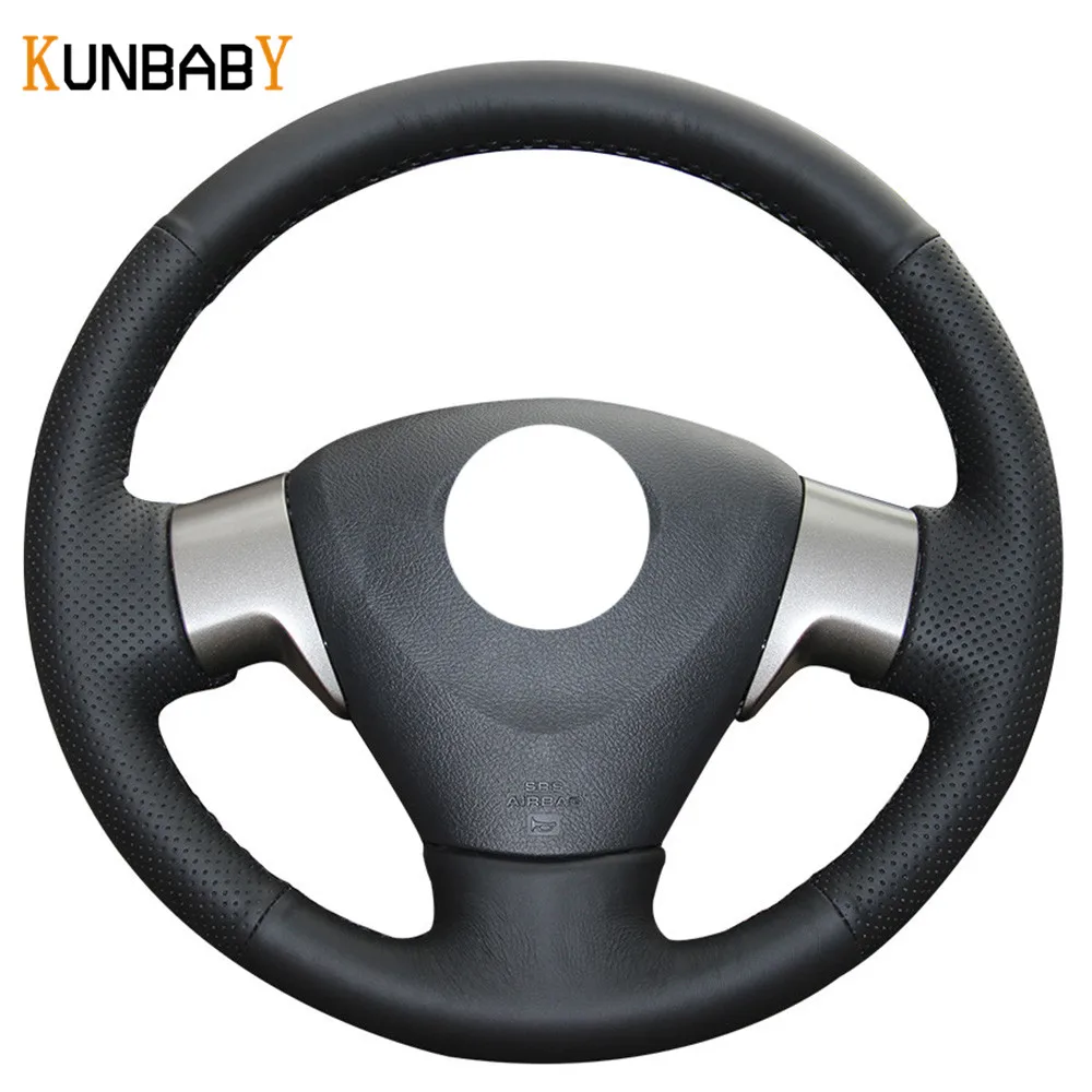 KUNBABY Color Black Red Genuine leather Car Steering Wheel Cover for