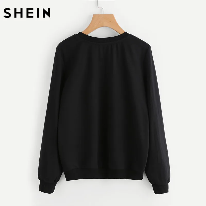 Shein الكرتون القط طباعة البلوز طويلة الأكمام عارضة النساء البلوفرات الأسود جولة الرقبة لطيف البلوز للنساء