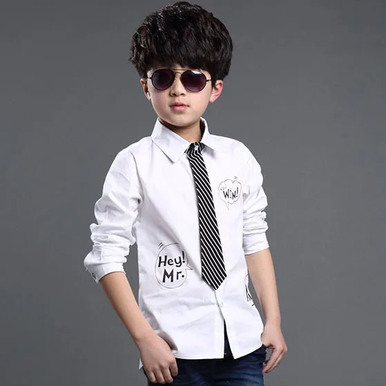 Г. Новые детские официальные рубашки с буквенным принтом для мальчиков, весенне-осеннее детское платье, 3 цвета, рубашка с галстуком, одежда для маленьких мальчиков YC112