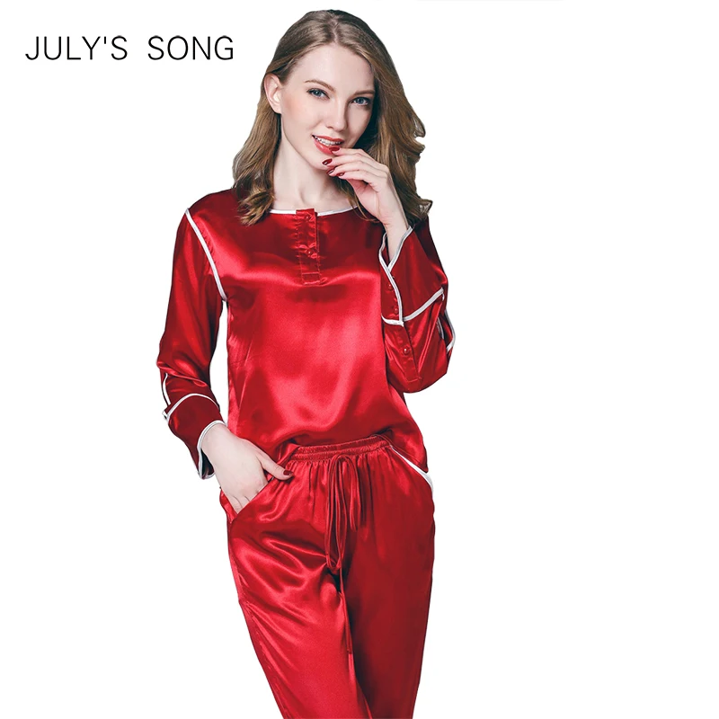 

JULY'S SONG 2019 New Fashion Ladies Faux Silk Pajamas Long Sleeve Pants Set Buttons Silk Elastic Tie Pants Waist Homewear
