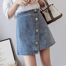 Корейская женская летняя черная однотонная Повседневная Асимметричная джинсовая юбка с высокой талией и карманами, Универсальная джинсовая юбка