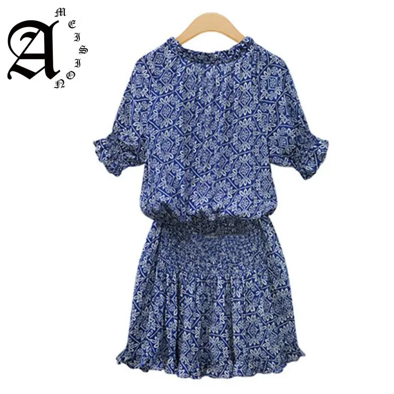 

Ameision Summer Women Dress 2019 Mandarin Collar V-Neck Elastic Short Sleeve Printed cotton high waist casual Joker Beach Dress