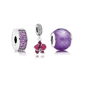 

3pcs Beads Fits Europe Charms Bracelets Original 100% 925 Sterling Silver Jewelry Red Flower & Purple Beads Paved DIY Jewelry
