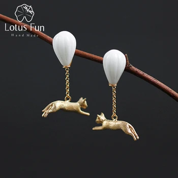 

Lotus Fun Real 925 Sterling Silver Handmade Designer Fine Jewelry Naughty Cat and Hot Air Balloon Drop Earrings for Women Brinco