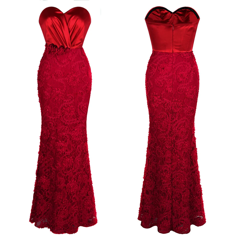 

Angel-fashions Women's Formal Evening Dresses Ruched Pleated Flowers Lace Long Party Gown Red 383 mariage Robe