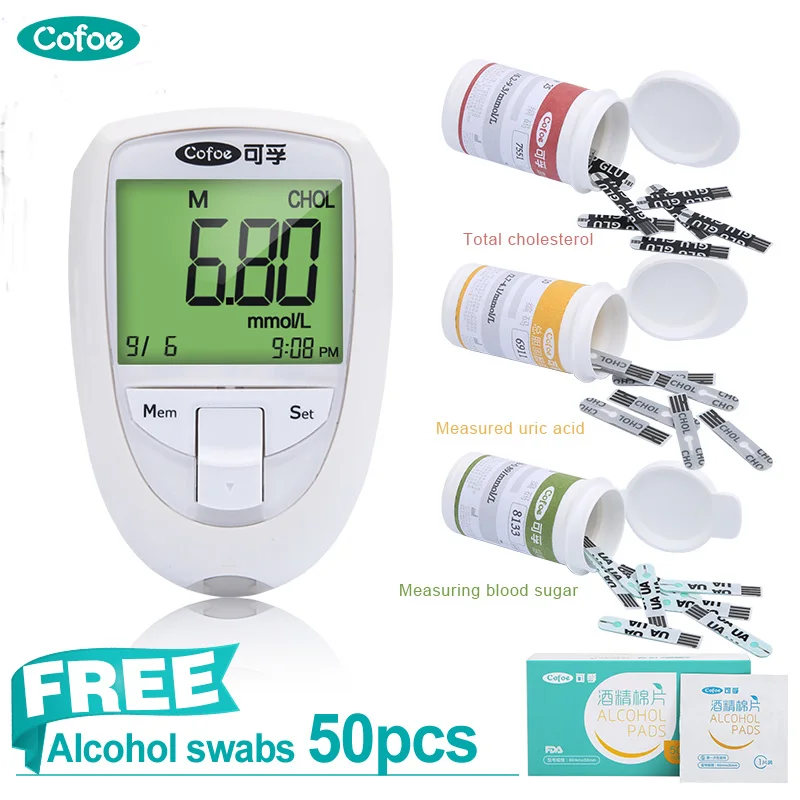 

Cofoe 3 in1 Cholesterol & Uric acid & glucose Meter Household Portable Mini Multi-Monitoring Meter with Test Strips&Lancets