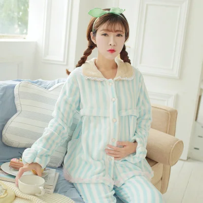 Autumn winter Add wool Pajamas Feeding Home Furnishing Maternal Lactation Month Long Sleeved Suit Maternity Sleepwear