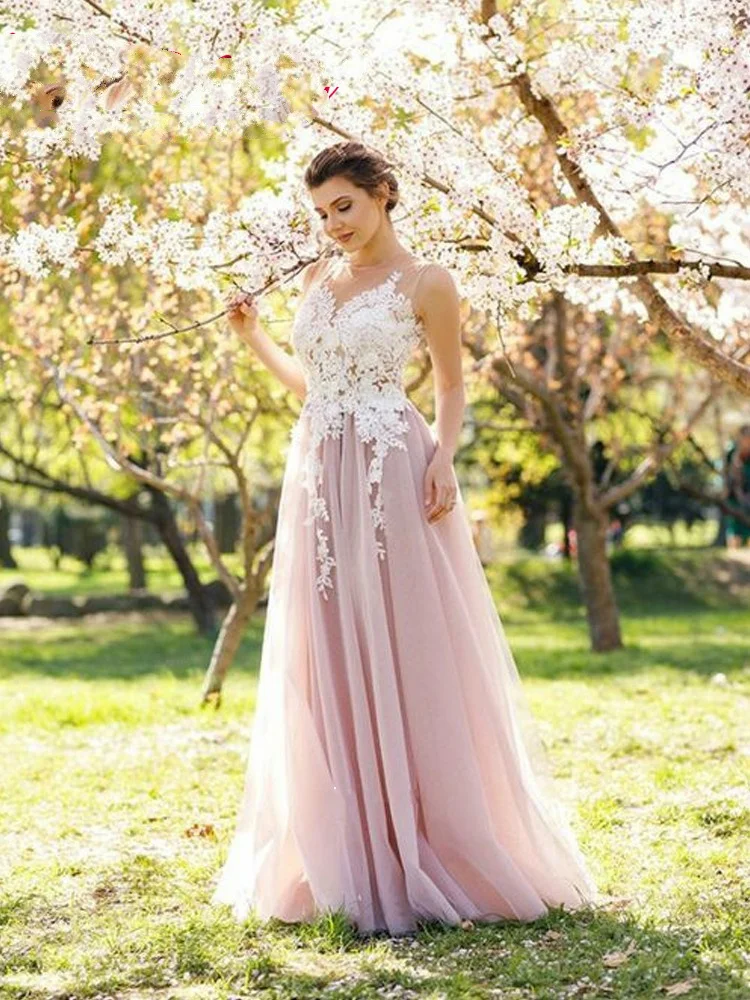 

Pink Tulle Prom Dresses Long 2019 Sexy Sheer Lace Applique Long Junior High Graduation Dresses For Party Vestidos Para Formatura