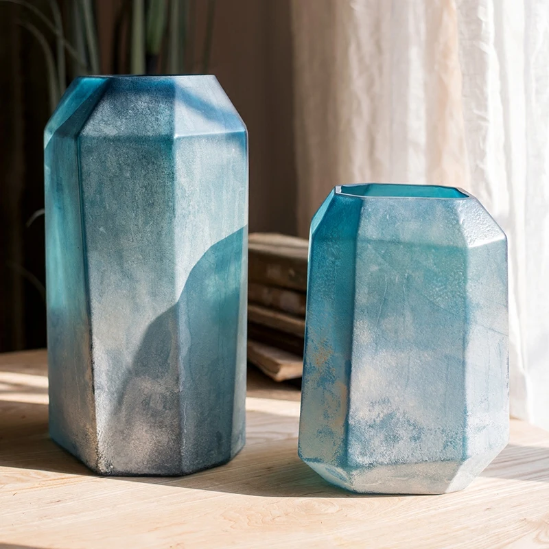 Ретро голубое мелкое украшение для стеклянной вазы для дома высокие вазы для цветов ручной работы в американском стиле Настольная Ваза с геометрическим орнаментом острое 3,65 кг