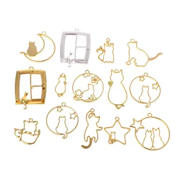 

14 Pcs/Set DIY Epoxy Resin Crafts Metal Frame Cat Kitten Moon Shape Cartoon Jewelry Pendant Necklace UV Resin Material Handmade