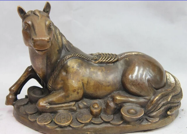 

Fast shipping USPS to USA S0335 6 Chinese Folk Old Bronze Copper Feng Shui Lucky Wealth crouch Rest Horse Statue