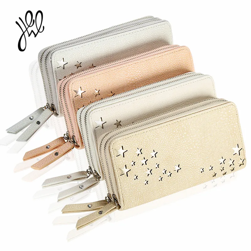 

2018 New Money Bag Women Wallet 2 Zippers Dollar Price Long Purses PU Leather Lady Purse Hollow Out Star Wallets Large 500562