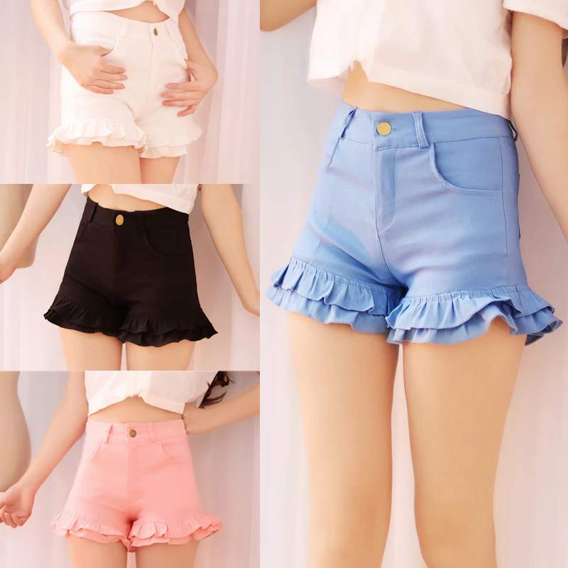 

Harajuku Kawaii Mid Shorts Female Summer New Ruffled Sexy Dance Shorts Stretch Cute Sweet Pink Women Short Rainbow Shorts
