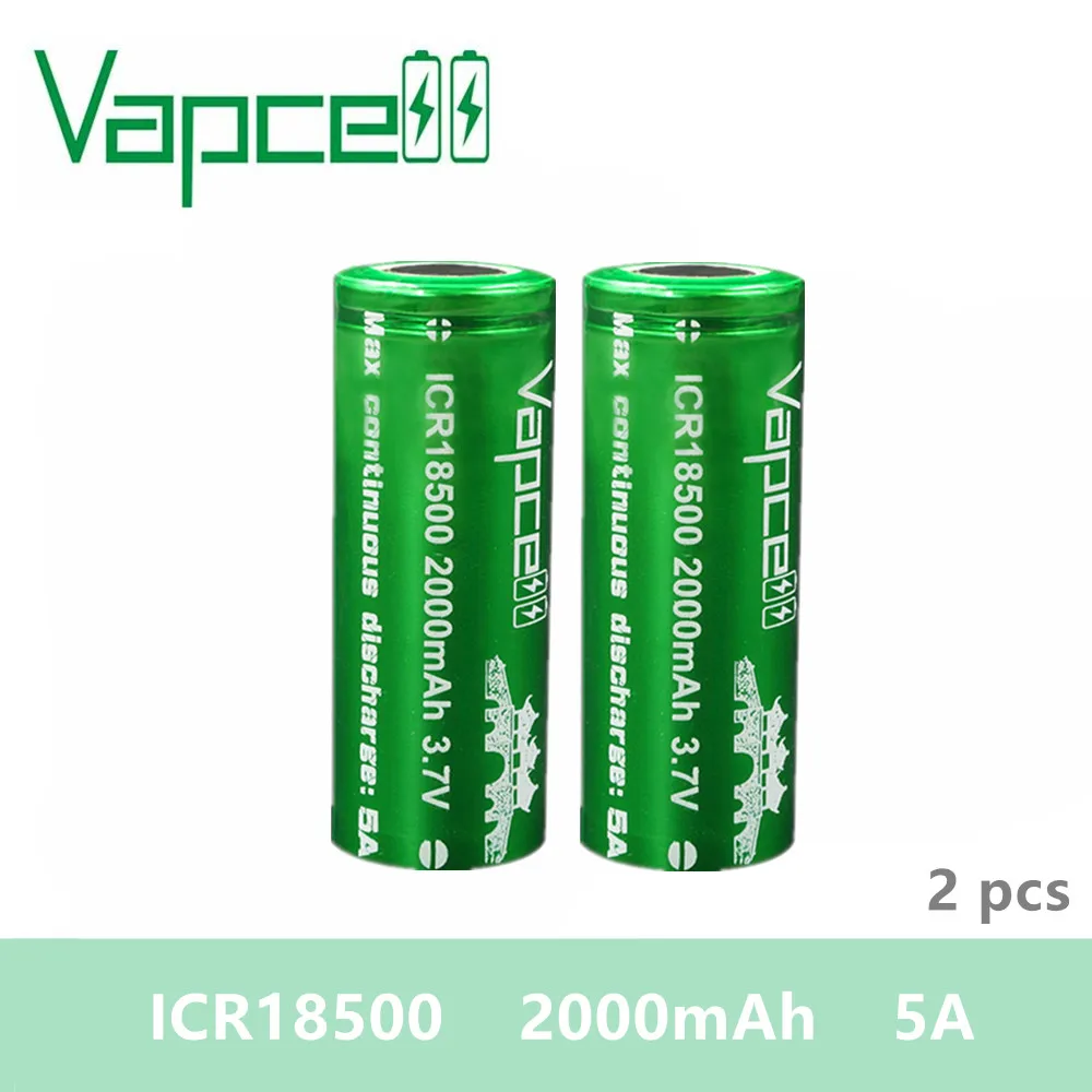 2 шт. VAPCELL ICR18500 2000 мАч 18500 5A ICR 18500 3,7 в перезаряжаемые батарея непрерывного 5A электронный дым E-CIG vs keeppower