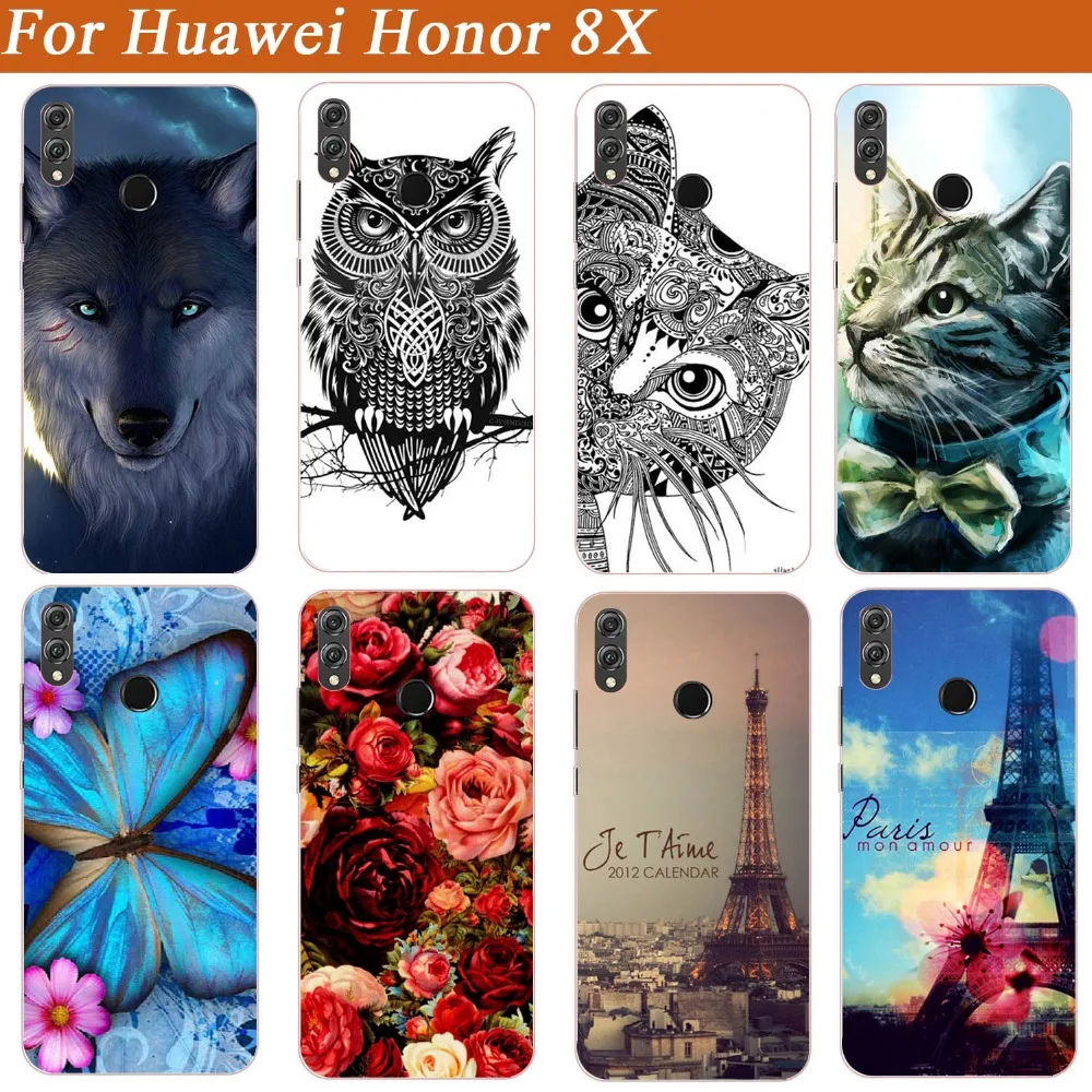 Чехол для Huawei Honor 8X силиконовый Тигр филин Роза Эйфелева башня окрашенный Мягкий