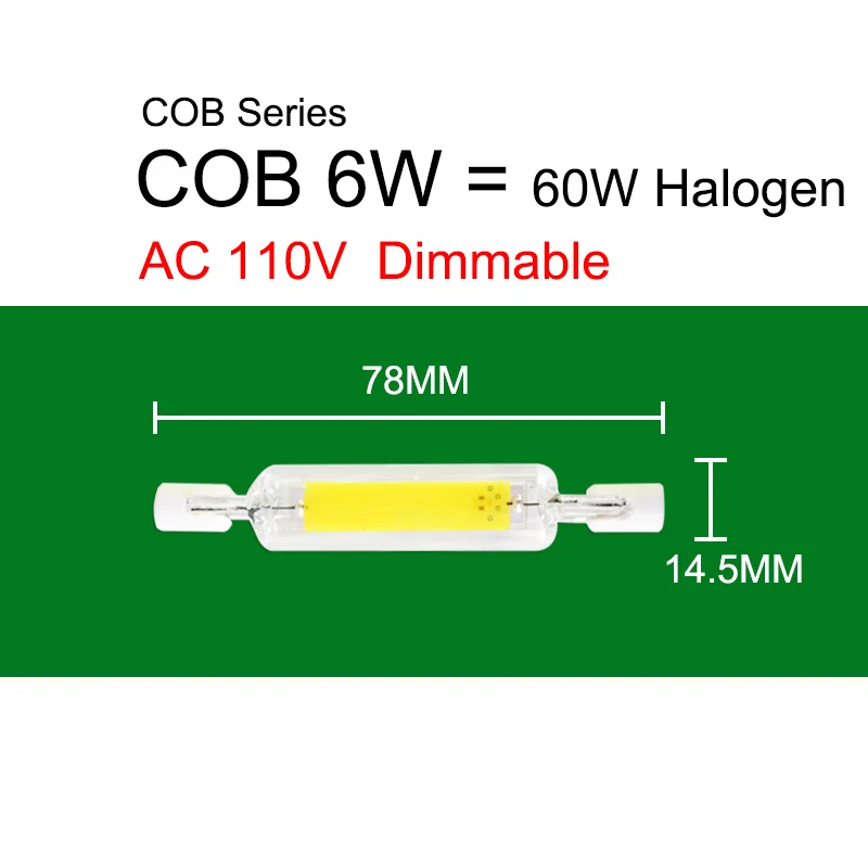 R7S светодиодный лампочка COB стеклянная трубка 78 мм 6 Вт 118 мм 15 Вт лампа с регулируемой яркостью заменить галогенную лампу 80 Вт J118 лампарда диод Точечный светильник AC110V 220 В - Испускаемый цвет: COB 78mm 110V Dim