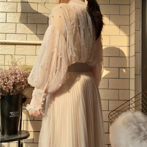 Y Blusa Perspectiva Manga Otoño Primavera Beige Boutique Las Piezas Tops De Mujeres Gasa 2019 rosado Camisa Dos Perlas Burbuja Señoras a6Sw5xq6