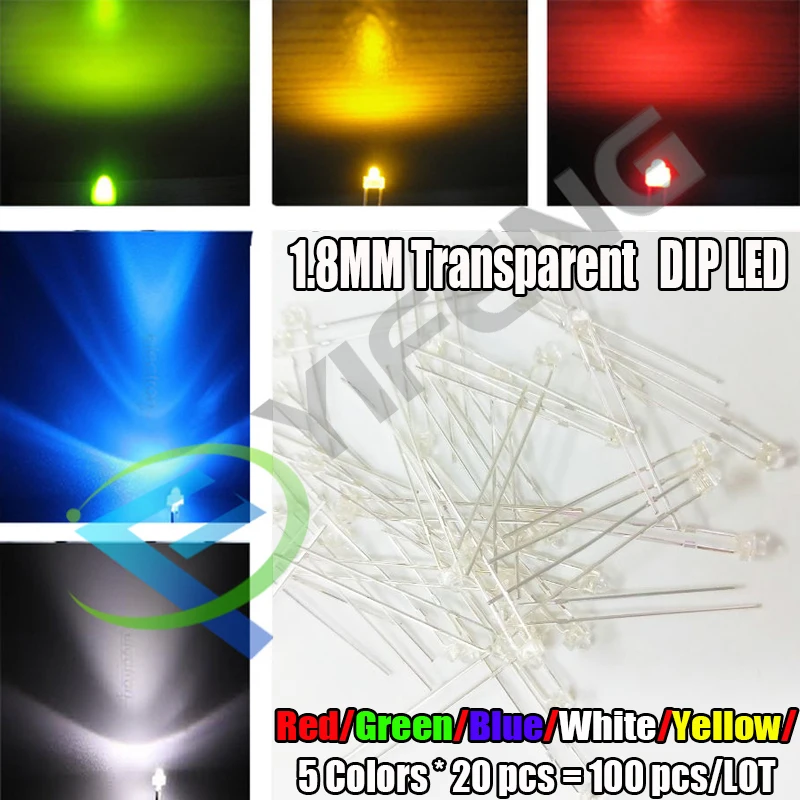 100 шт 1,8 мм прозрачный красный/желтый/синий/зеленый/белый Ультра яркий прозрачный R/Y/B/G/W светодиодный светильник R/Y/B/G/W