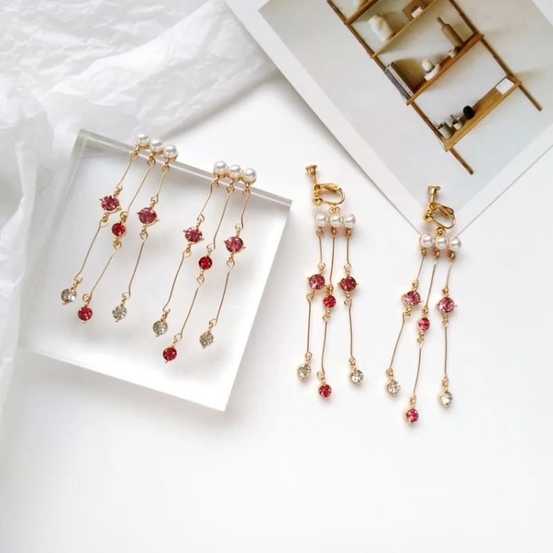 

Korean Creative Beautiful Long Rhinestones Imitation Pearl Tassel Dangle Earrings for Women Girl Fashion Jewelry Accessories