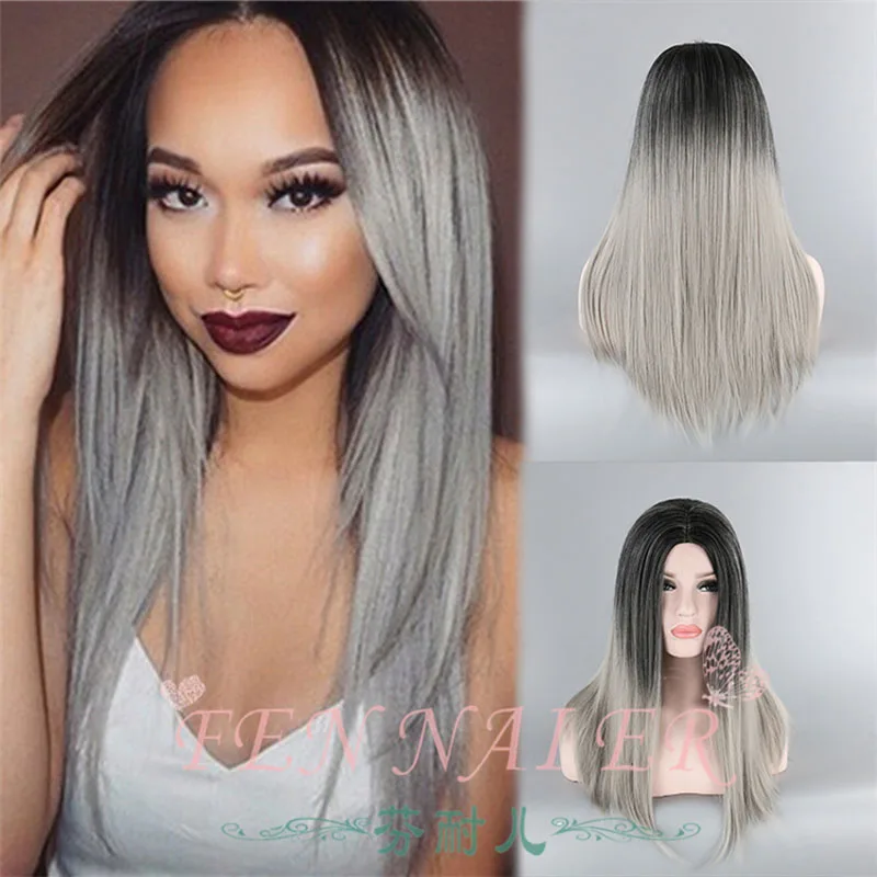 

Black-grey mixed gradual change European and American wigs 70 cm long straight Cosplay wigs B305