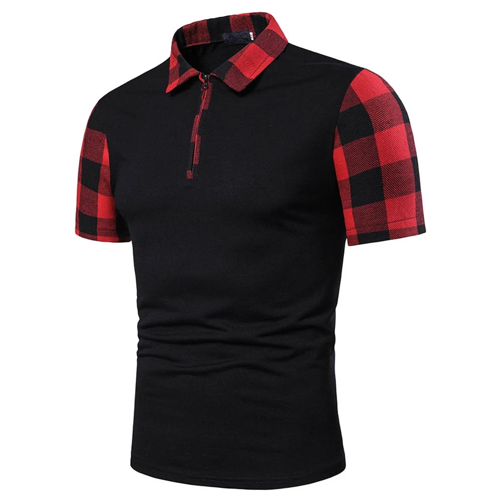 

Contrast Color Men's Solid Plaid Shirts Black Top With Crew Neck Summer Short Sleeve Tee For Men Fashion Men Tops S-XXL D30