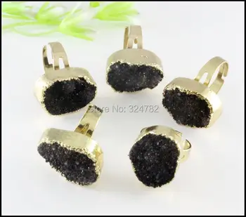 

3pcs Natural Quartz Ring in Black ,Gold tone Gem Stone Finger Ring Adjustable Size