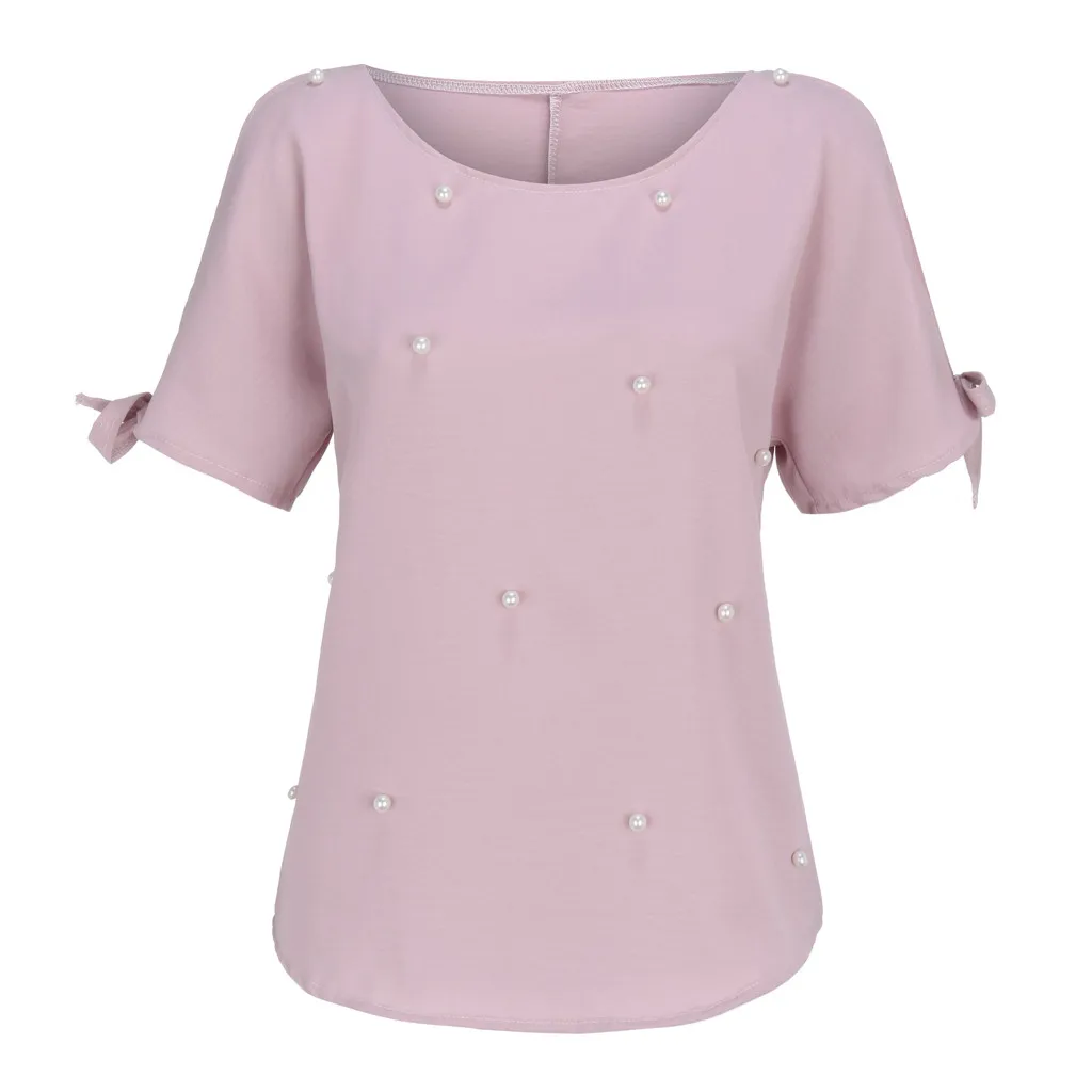 Женская Повседневная футболка, летняя Праздничная футболка с жемчугом, бисером, разрезом, манжетами, круглым вырезом, одноцветная футболка, Милая женская пляжная одежда