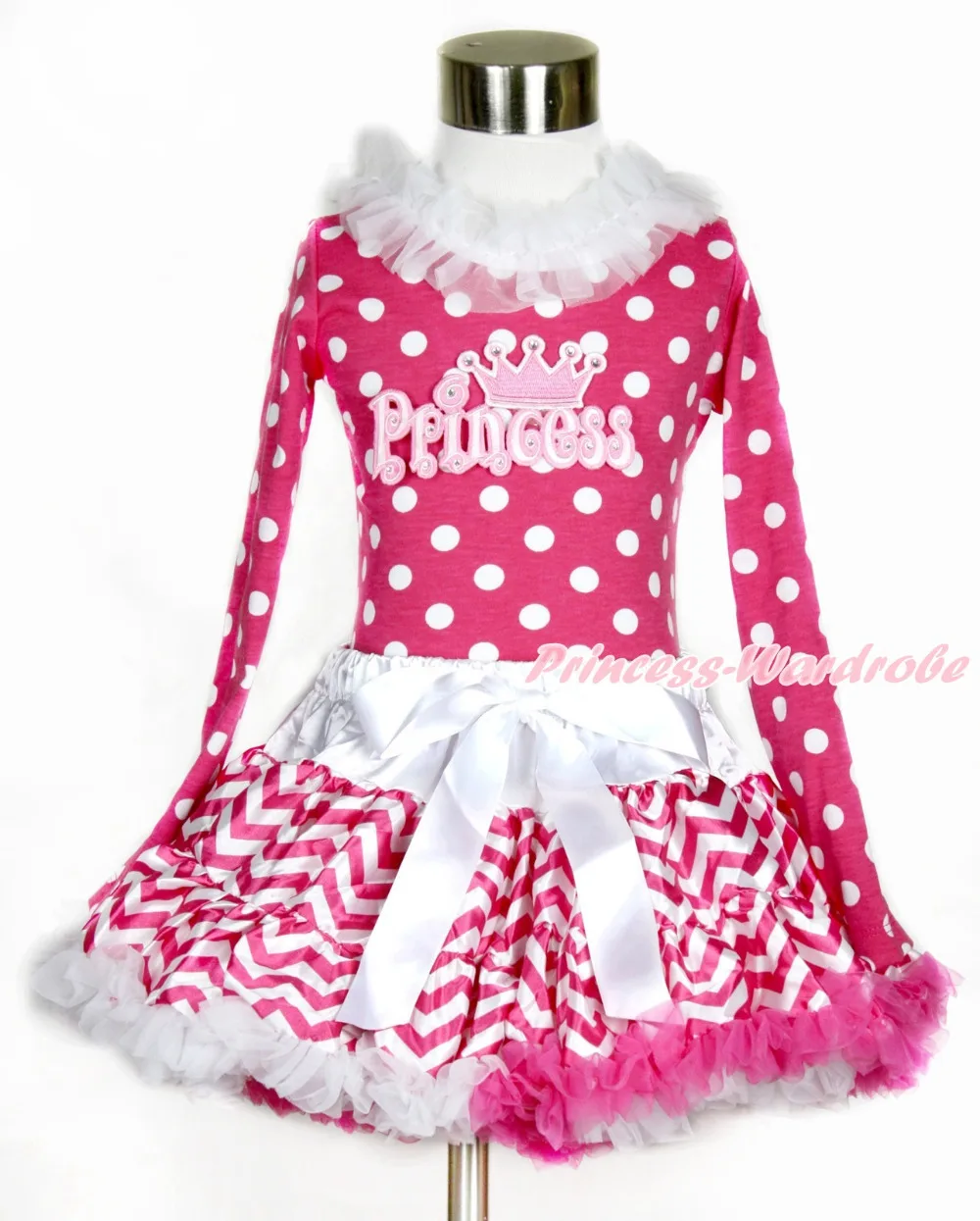 

Hot Pink White Dots Long Sleeves Top with White Lacing with Princess Print With Hot Pink White Wave Pettiskirt MAMW422