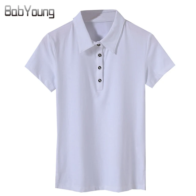 BabYoung 2018 Summer Tops Women Casual Polo Shirt Mujer Short Sleeve Cotton Polos Femme White Polo Feminina Plus Size M~4XL