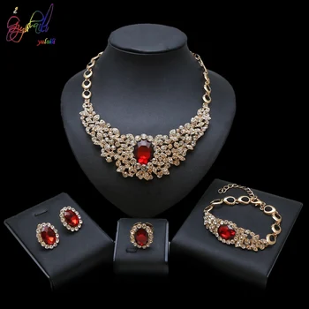

Yulaili 2019 New Copper Alloy Red Opal Crystal Necklace Earrings Fashion Atmosphere For Women Party Bridal Wedding Jewelry Sets