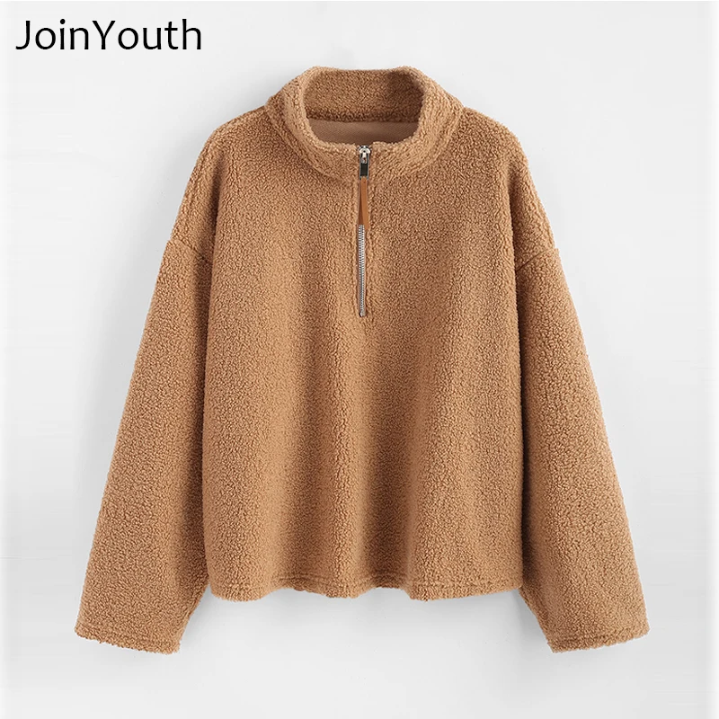 

JoinYouth Women Half Zip Over Size Solid Brown Fluffy Sweatshirt Female Warm Autumn Soft Loose Sweatshirt