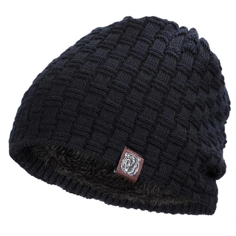 

Solid Black Winter Warm Wool Knitted Cap Earmuffs Hat Women and Men warm beanies hats casual adult cover head outdoor hats
