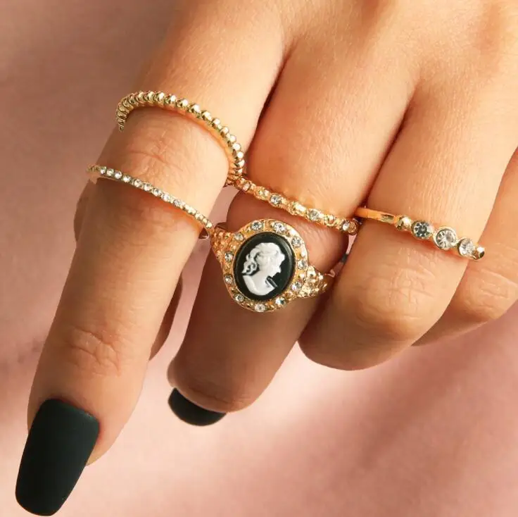 Bohemian Vintage Gold Ring 5pcs/Set Crescent Geometric Joint for Women Crystal Personality Design Set Party Jewelry Gift | Украшения и