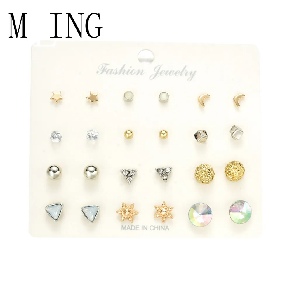 

MLING New 12 Pair 0f Earring Set Combination Female Stars Moon Geometric Square Crystal Earring Set For Women