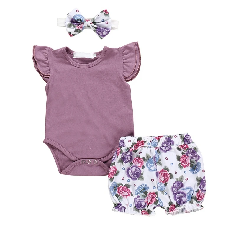 

Cute Infant Baby Boys Romper 100% Cartoon Flying Sleeve Tops + PP Shorts +Headband 3PCS Clothes Set Cute Toddler Outfits
