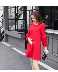 2018 новая Корейская одежда для беременных Осенне-зимняя Дамская обувь 100% хлопок Красное платье Беременность оборками модные платья