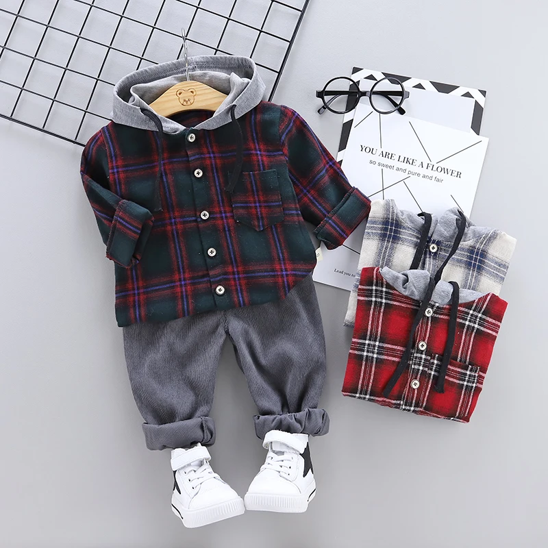 

ZWXLHH 2019 Spring New Toddler Infant Clothes Suits Baby Boys Clothing Sets Hooded Plaid Shirt Pants Kids Children Costume