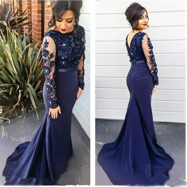 Темно-синий, пикантный Иллюзия одежда с длинным рукавом платье для выпускного вечера с аппликацией; Vestido; robe de soiree 2018 детское платье силуэта